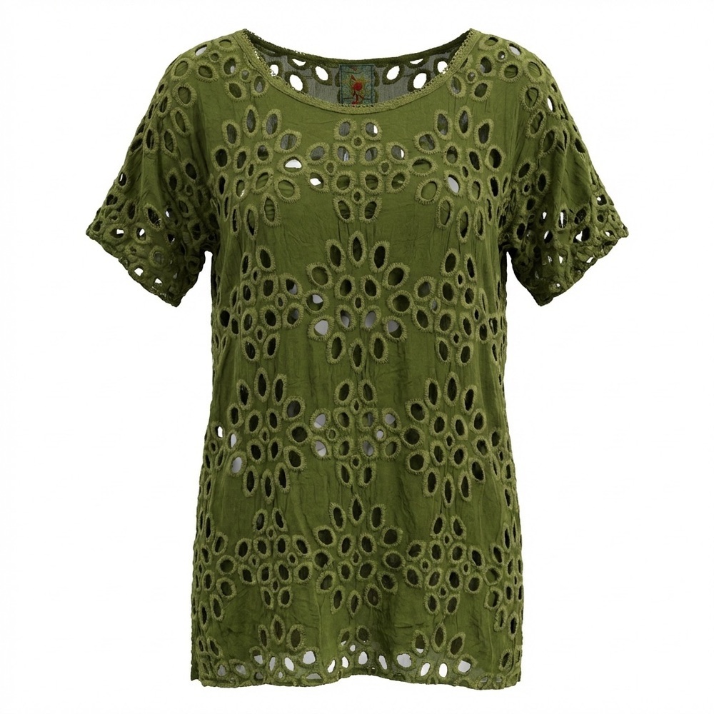 JOHNNY WAS LALLA Green Embroidered Eyelet Tunic Mini Dress Size XS